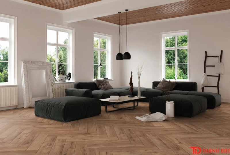 Sàn gỗ xương cá kết hợp nội thất tối màu