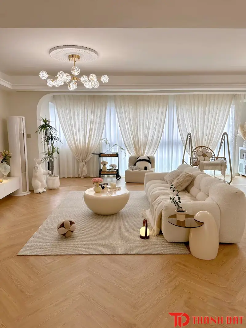 Sàn gỗ xương cá phù hợp với phòng khách có diện tích lớn